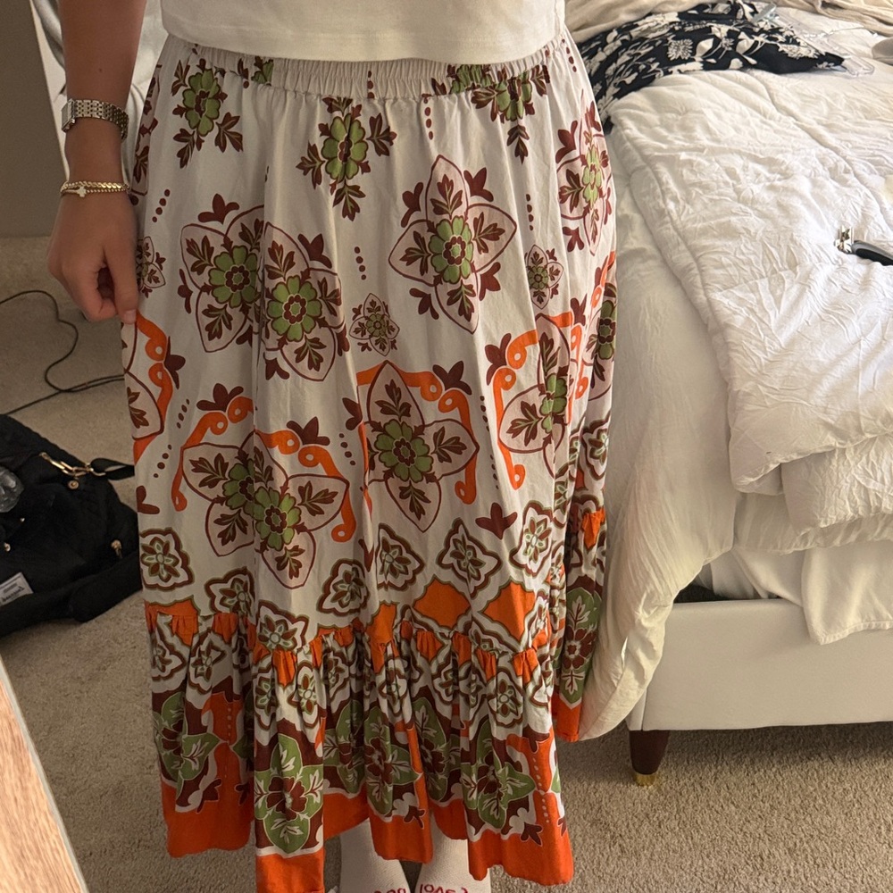 La double J Floral Tiered Maxi Skirt - White with Orange & Green